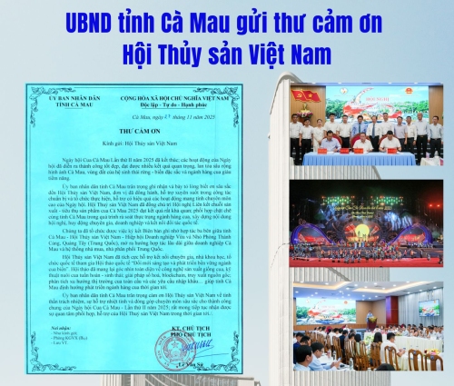 UBND tỉnh Cà Mau gửi thư cảm ơn Hội Thủy sản Việt Nam vì đã đồng hành làm nên thành công của Ngày hội Cua Cà Mau lần thứ II năm 2025