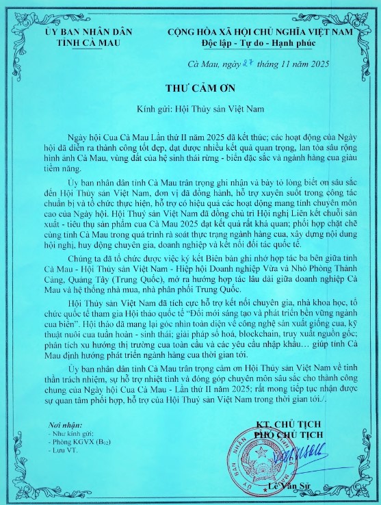 UBND Ca Mau cam on Hoi Thuy san Viet Nam